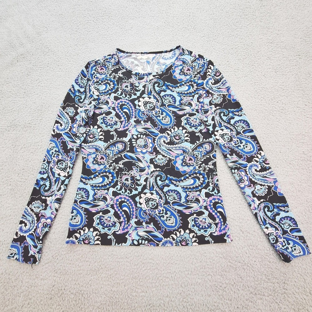 Lands‎ End Top Womens XS Blue Paisley Floral Long Sleeve Crew Neck Stretch Slim